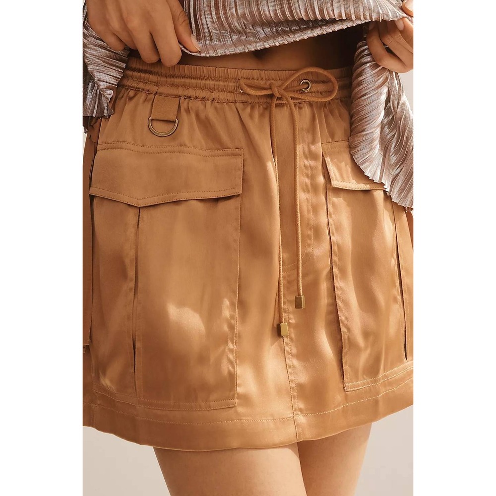 NWT Love The Label Mocha Satin Silky Cargo Mini Skirt Elastic Drawstring XS